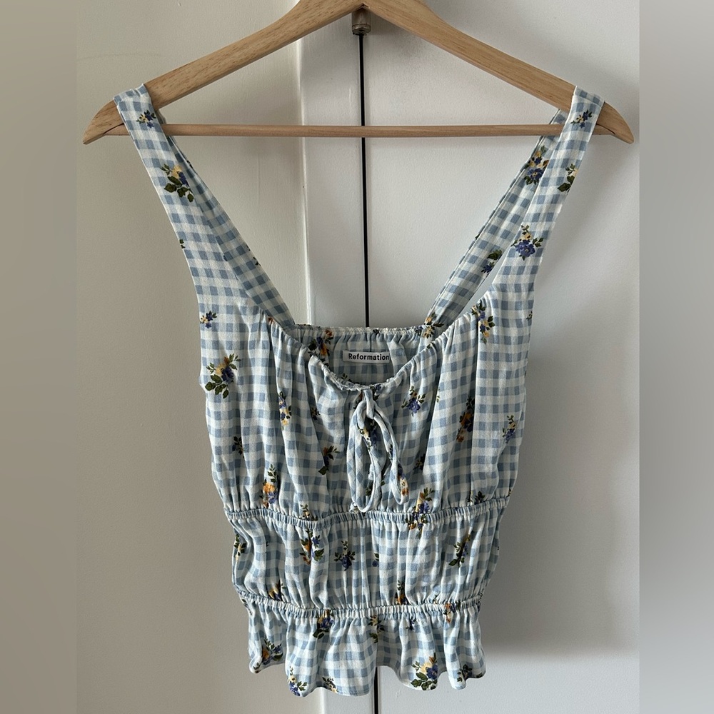 Reformation Blue Smocked Tie Front Tank Top